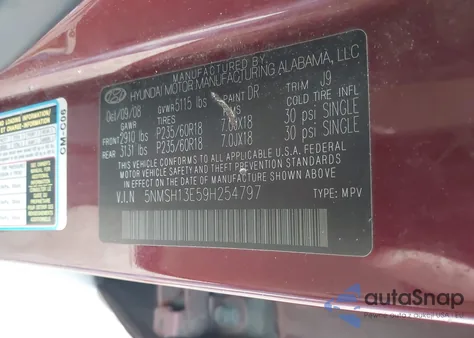 2009 Hyundai Santa Fe Se from USA, damaged, VIN 5NMSH13E59H254797